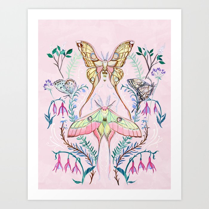 Chinese Moon Moth and Butterflies Art Print