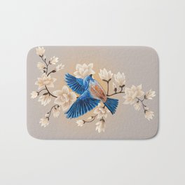 Blue Songbird in spring flowers Bath Mat | Beigeandblue, Flowersillustration, Graphicdesign, Songbird, Tree, Floralart, Digital, Plant, Pattern, Flowersblooming 