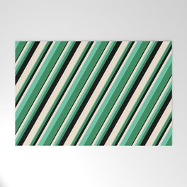 [ Thumbnail: Beige, Aquamarine, Sea Green, and Black Colored Lined/Striped Pattern Welcome Mat ]