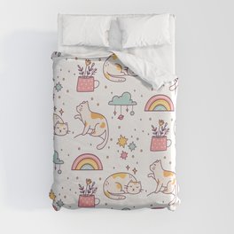 cute cat doodle seamless pattern Duvet Cover | Feminist, Women, Kitty, Funny, Kittens, Girly, Fun, Heart, Seamless, Pets 