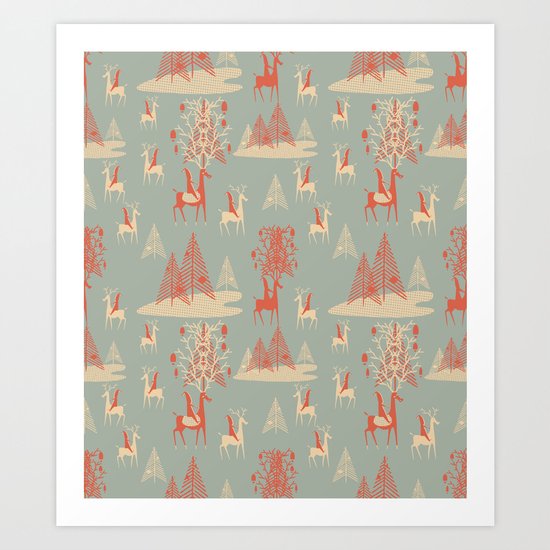 Reindeer, Trees and Elves Art Print