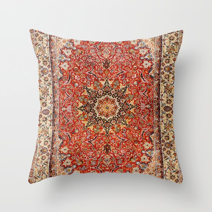Persia Qum 19th Century Authentic Colorful Red Tan Blush Vintage Patterns Throw Pillow