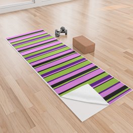 [ Thumbnail: Green, Indigo, Violet, and Black Colored Lines/Stripes Pattern Yoga Towel ]
