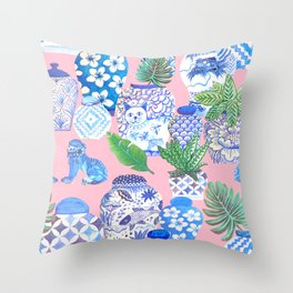 Chinoiserie Chic, Chinese ginger jars on pale pink Throw Pillow