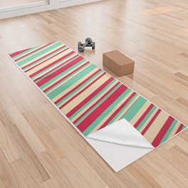 [ Thumbnail: Aquamarine, Crimson, and Beige Colored Striped/Lined Pattern Yoga Towel ]