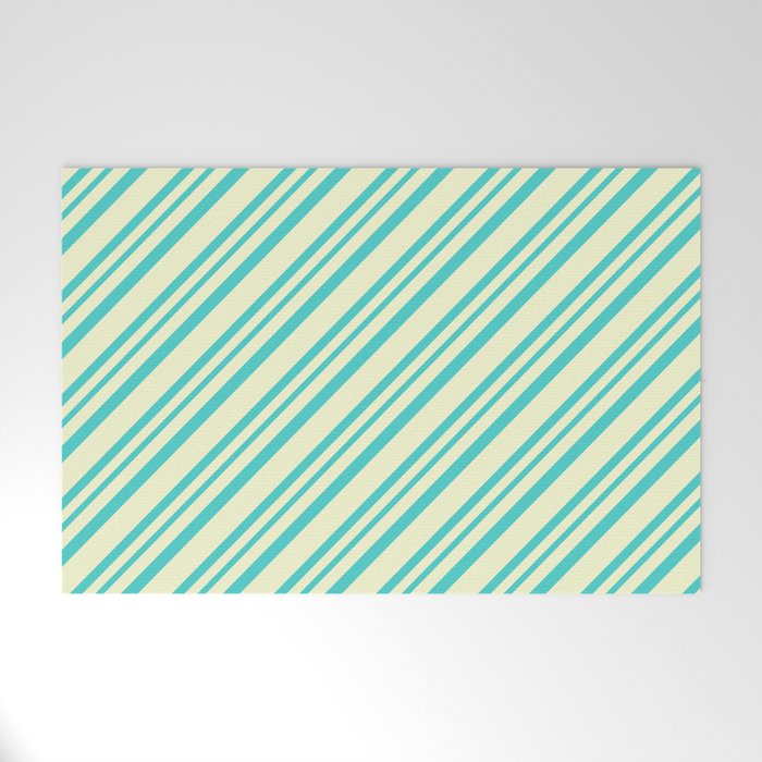 Light Yellow and Turquoise Colored Lined Pattern Welcome Mat