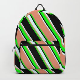[ Thumbnail: Dark Salmon, Lime, Black & Light Cyan Colored Lines/Stripes Pattern Backpack ]