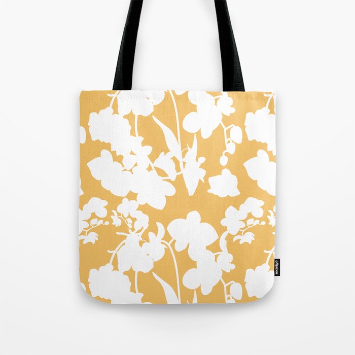 White flowers on yellow Tote Bag