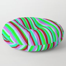 [ Thumbnail: Eye-catching Orchid, Sky Blue, Lime, Green & Dark Red Colored Lined Pattern Floor Pillow ]
