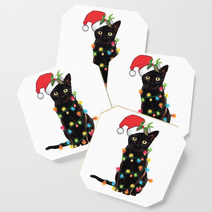 Santa Black Cat Tangled Up In Lights Christmas Santa Graphic Coaster