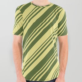 [ Thumbnail: Dark Olive Green & Tan Colored Lined/Striped Pattern All Over Graphic Tee ]