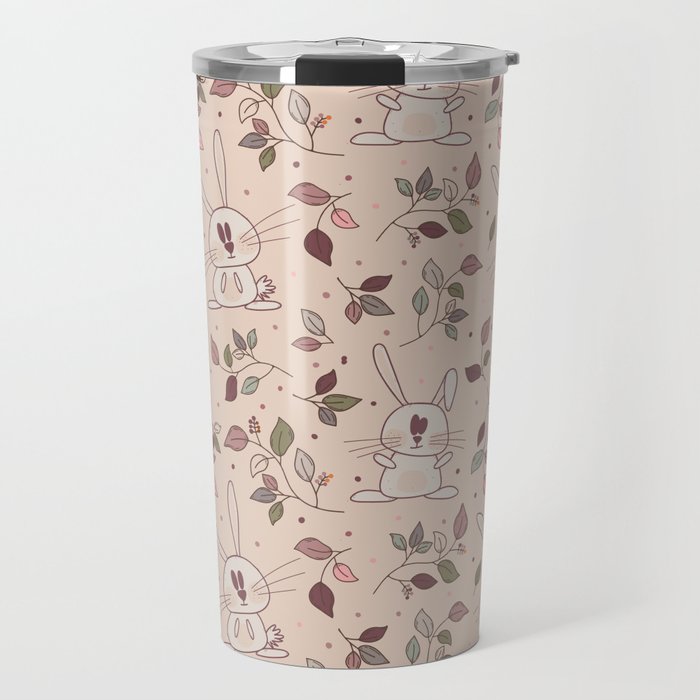 Adorable rabbits with autumn leaves and berries in pink colors Travel Mug