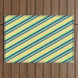 [ Thumbnail: Dark Slate Blue, Tan, and Green Colored Striped Pattern Outdoor Rug ]