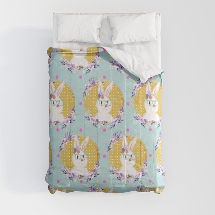 Easter Bunny With Glasses And Flowers Comforter