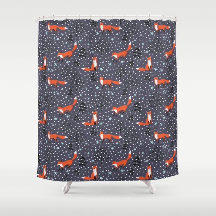 Red foxes in the nignt winter forest Shower Curtain
