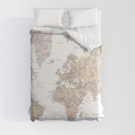 Let's get lost world map with cities in neutral watercolor Comforter