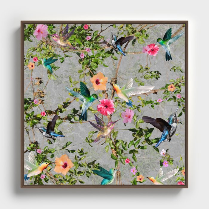 Hummingbird Hibiscus Collage Floral Framed Canvas