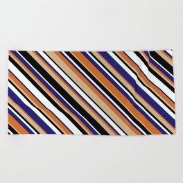 [ Thumbnail: Eyecatching Tan, Black, Mint Cream, Midnight Blue & Chocolate Colored Striped Pattern Beach Towel ]