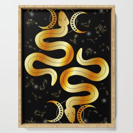 Esoteric Mystical occult magical sacral snakes with stars and constellations in gold Serving Tray