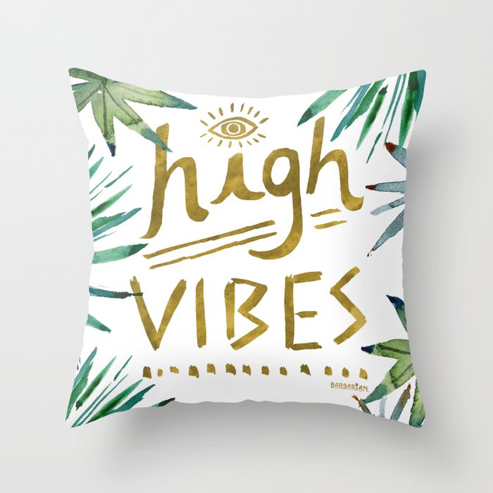 HIGH VIBES Tropical Leaves Gold Throw Pillow