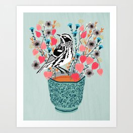 Tea and Flowers - Black and White Warbler by Andrea Lauren Art Print
