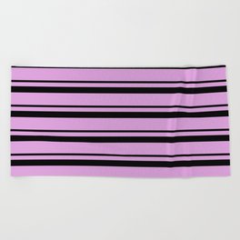 [ Thumbnail: Black and Plum Colored Lined/Striped Pattern Beach Towel ]