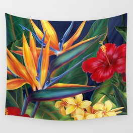 Tropical Paradise Hawaiian Floral Illustration Wall Tapestry