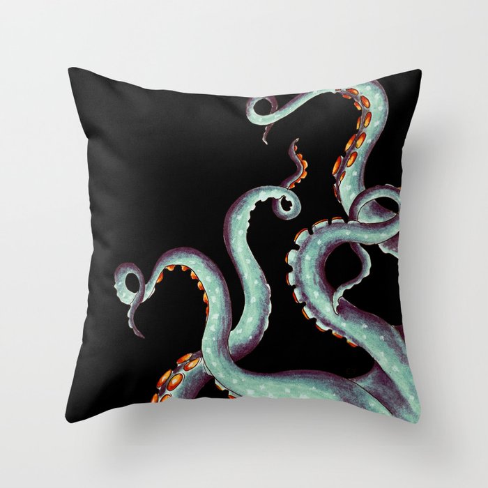 Teal Tentacles Octopus On  Black Throw Pillow
