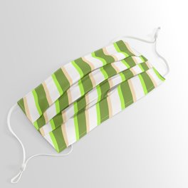 [ Thumbnail: Light Green, Green, Tan & White Colored Striped/Lined Pattern Face Mask ]