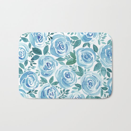Pale blue roses . Watercolor . Bath Mat