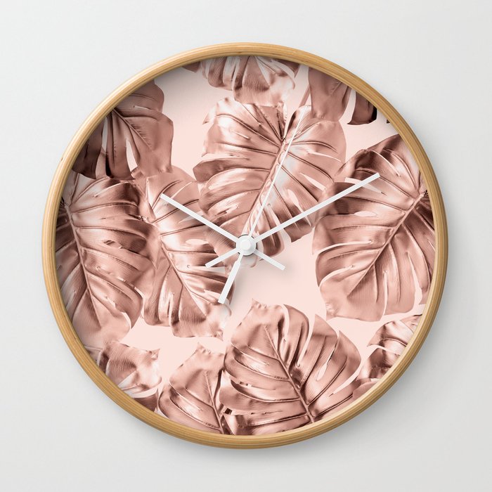 Rose Gold Monstera Leaves on Blush Pink 2 Wall Clock
