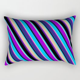 [ Thumbnail: Eyecatching Deep Sky Blue, Tan, Dark Violet, Midnight Blue, and Black Colored Lines Pattern Rectangular Pillow ]