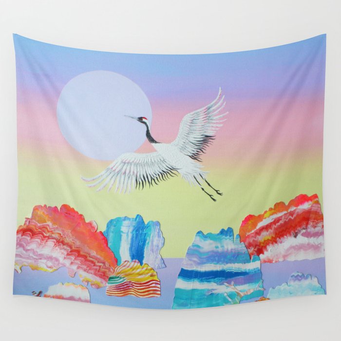 In Flight  - Crane in Sunset Landscape - acrylic on canvas Wall Tapestry