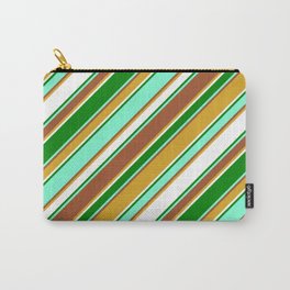 [ Thumbnail: Vibrant Aquamarine, Sienna, Goldenrod, White & Green Colored Lines/Stripes Pattern Carry-All Pouch ]