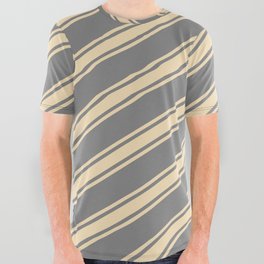 [ Thumbnail: Grey & Tan Colored Pattern of Stripes All Over Graphic Tee ]
