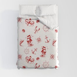 Red Silhouettes Of Vintage Nautical Pattern Duvet Cover