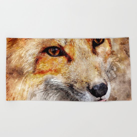 Cute Fox animal nature watercolor illustration Beach Towel