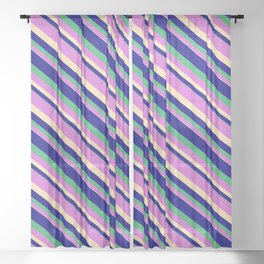 [ Thumbnail: Blue, Sea Green, Orchid, and Beige Colored Striped/Lined Pattern Sheer Curtain ]