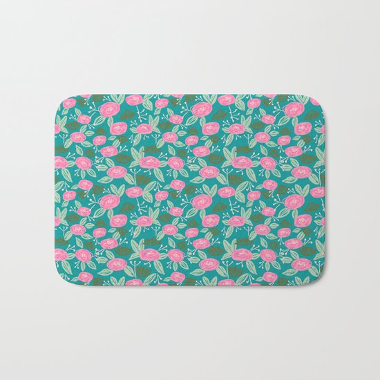 Turquoise blossom blooms painting abstract pattern garden gardener plants summer spring bright Bath Mat