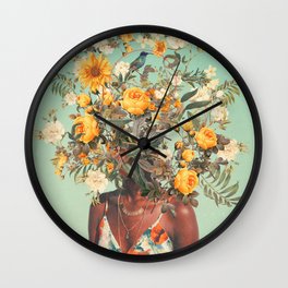 You Loved me a Thousand Summers ago Wall Clock | Retro, Graphicdesign, Portrait, Surrealism, Curated, Vintage, Blue, Birds, Woman, Yellow 