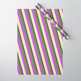 [ Thumbnail: Colorful Slate Blue, Dark Slate Gray, Green, Orchid & Beige Colored Striped Pattern Wrapping Paper ]