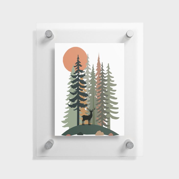 landscape. stones and green Christmas forest trees, deer, and sunrise. Floating Acrylic Print
