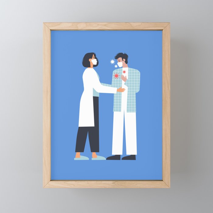 Female nurse taking care of sick man patient cartoon illustration Framed Mini Art Print