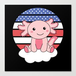 Cute Axolotl With America Flag Retro Sunset Canvas Print