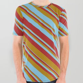 [ Thumbnail: Dark Goldenrod, Sky Blue & Red Colored Stripes Pattern All Over Graphic Tee ]