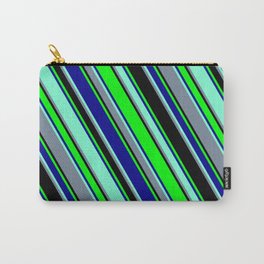 [ Thumbnail: Colorful Black, Lime, Dark Blue, Aquamarine, and Light Slate Gray Colored Lined Pattern Carry-All Pouch ]