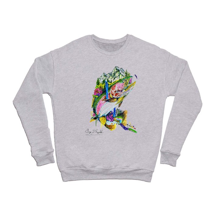 O MYKISS MTN - Original Art - Rainbow Trout - Mountains - Flowers Crewneck Sweatshirt