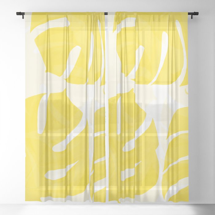 Mellow Yellow Monstera Leaves White Background #decor #society6 #buyart Sheer Curtain