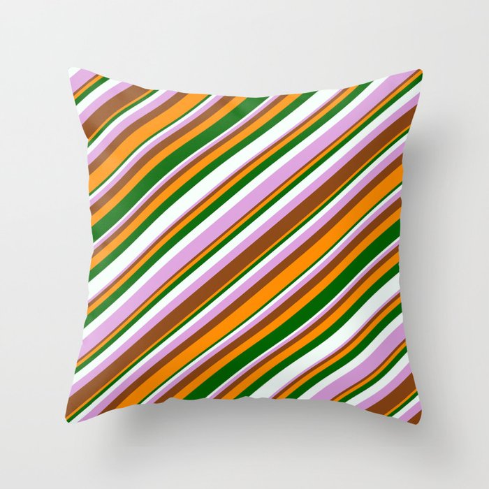 Eyecatching Plum, Brown, Dark Orange, Dark Green & Mint Cream Colored Lined/Striped Pattern Throw Pillow