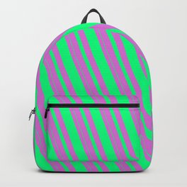 [ Thumbnail: Orchid & Green Colored Lined/Striped Pattern Backpack ]